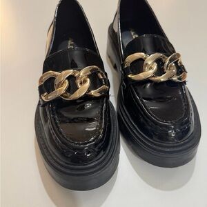 Aldo Black Patent Moccasins with Gold Chain